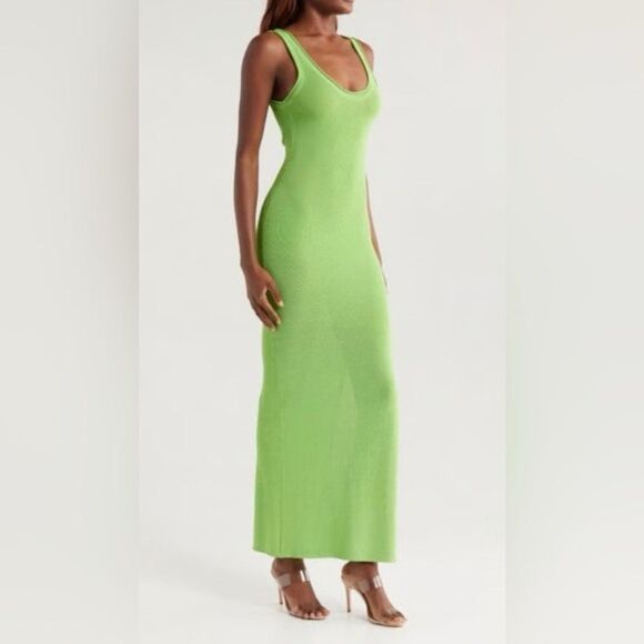 NWT Good American Women's Lime Green Rib Knit Bodycon Maxi Dress Flaw Size Large - Picture 2 of 10